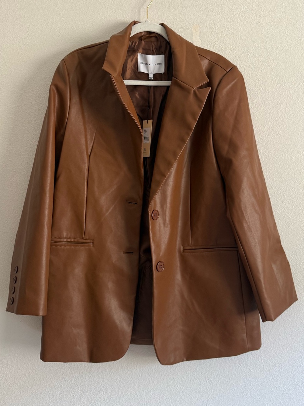 NWT Rebecca Minkoff‎ Faux Lambskin Leather Blazer Cognac Women’s Size L